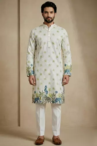 ivory jungle motif designer kurta pajama set