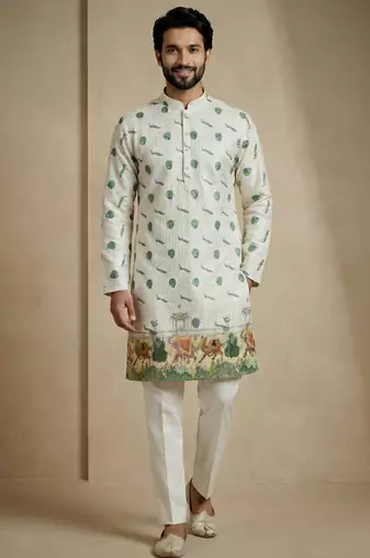ivory heritage print designer kurta pajama set