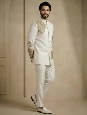 White fandy satin silk premium designer festive wear jopdupuri suit set 3