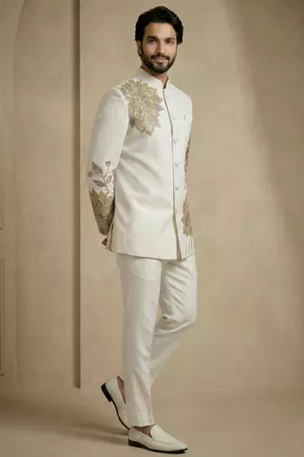 White fandy satin silk premium designer festive wear jopdupuri suit set