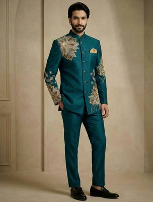 Teal fandy satin silk premium designer festive wear jopdupuri suit set 3
