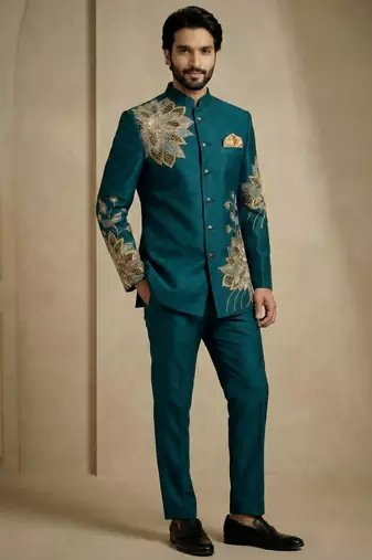 Teal fandy satin silk premium designer festive wear jopdupuri suit set