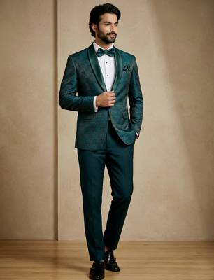 emerald green jacquard satin designer party wear blazer 4