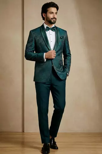 emerald green jacquard satin designer party wear blazer