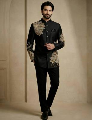 Black fandy satin silk premium designer festive wear jopdupuri suit set 3