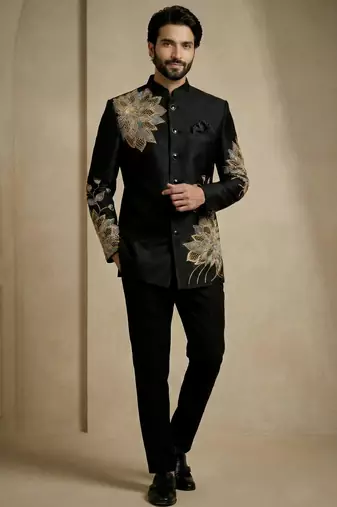 Black fandy satin silk premium designer festive wear jopdupuri suit set