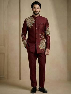 Dark maroon fandy satin silk premium designer festive wear jopdupuri suit set 3