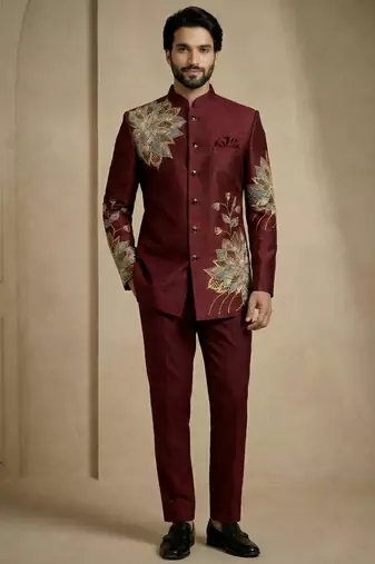 Dark maroon fandy satin silk premium designer festive wear jopdupuri suit set