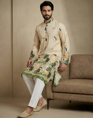 beige scenic digital print designer kurta pajama set 3