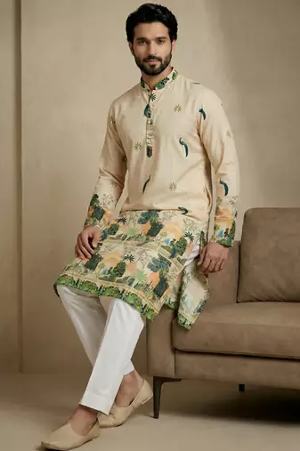 beige scenic digital print designer kurta pajama set