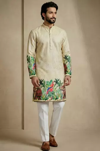 cream digital print designer kurta trouser set