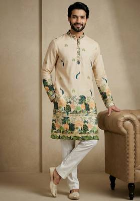 beige scenic digital print designer kurta pajama set 4