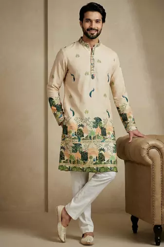 beige scenic digital print designer kurta pajama set