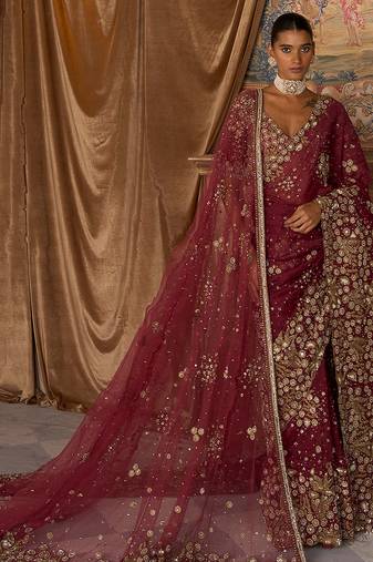Scarlet Red Embroidered Silk Organza Saree With Veil