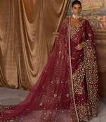 Scarlet Red Embroidered Silk Organza Saree With Veil
