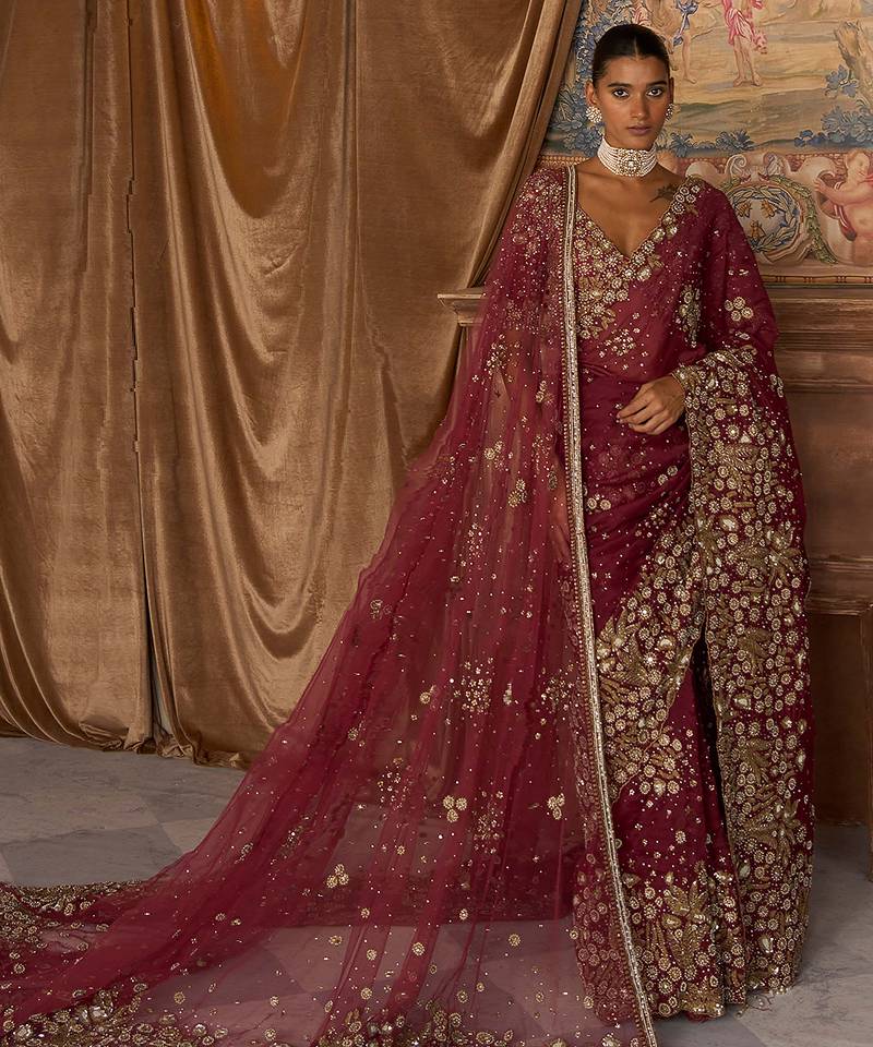 Scarlet Red Embroidered Silk Organza Saree With Veil