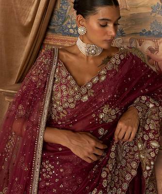Scarlet Red Embroidered Silk Organza Saree With Veil 2