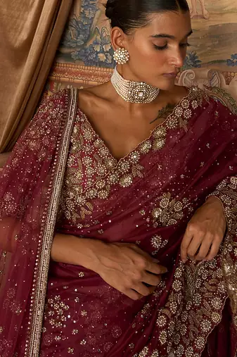 Scarlet Red Embroidered Silk Organza Saree With Veil