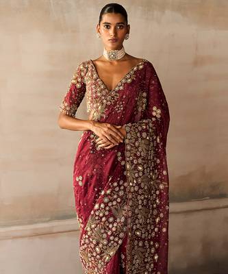 Scarlet Red Embroidered Silk Organza Saree With Veil 3