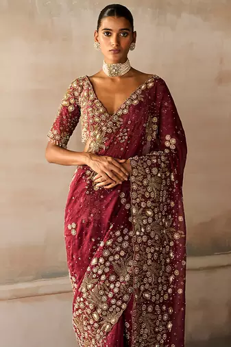 Scarlet Red Embroidered Silk Organza Saree With Veil