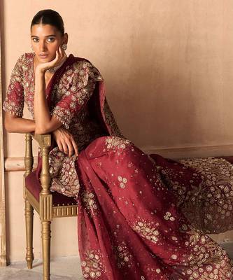 Scarlet Red Embroidered Silk Organza Saree With Veil 4