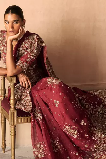 Scarlet Red Embroidered Silk Organza Saree With Veil