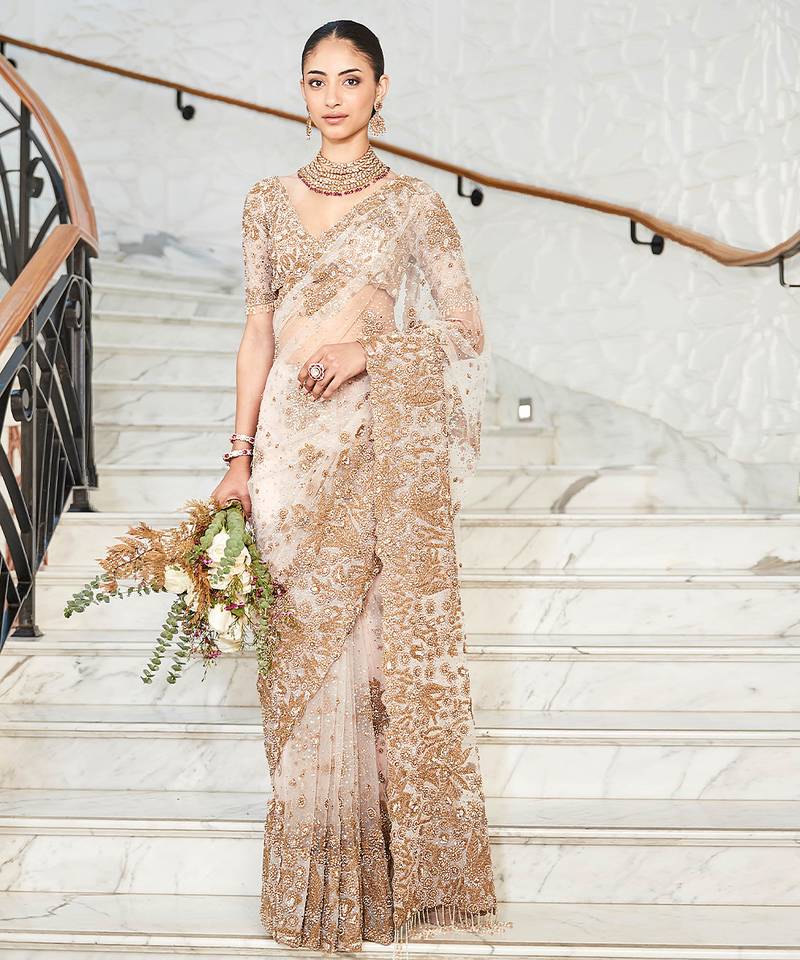 Ivory embroidered tulle saree set