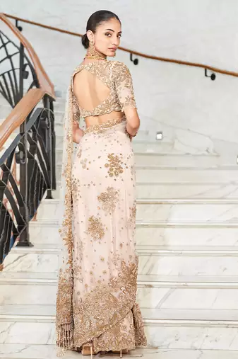 Ivory embroidered tulle saree set