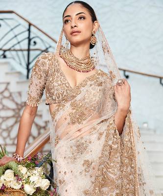 Ivory embroidered tulle saree set 3