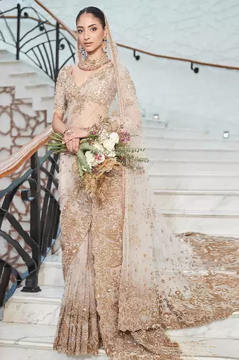 Ivory embroidered tulle saree with veil