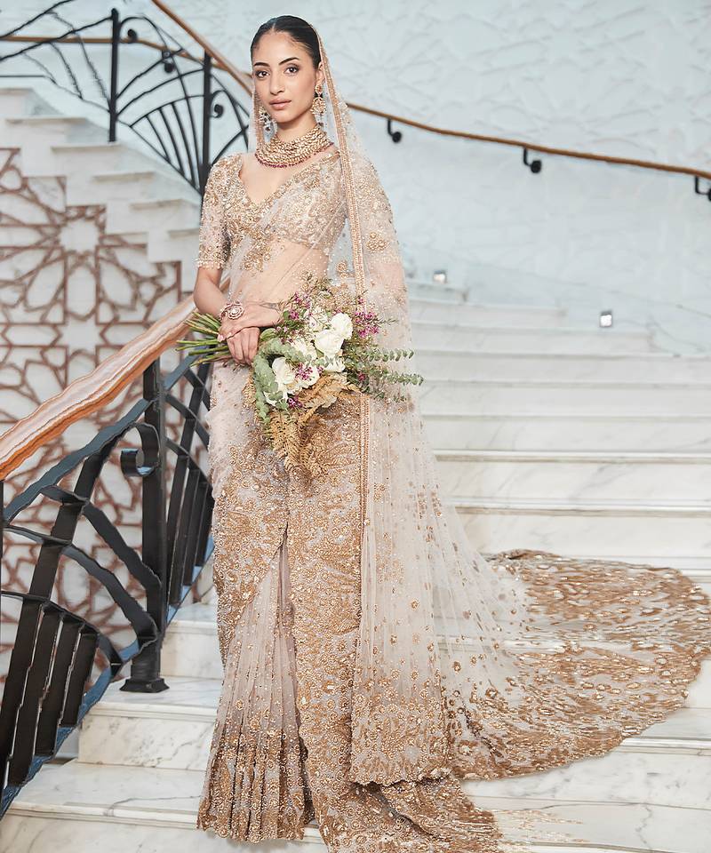 Ivory embroidered tulle saree with veil