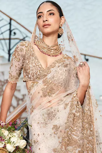 Ivory embroidered tulle saree with veil