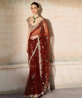 Rust Red Embroidered Tulle Saree With veil 1