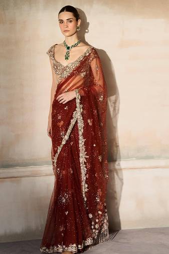 Rust Red Embroidered Tulle Saree With veil