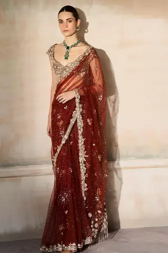 Rust Red Embroidered Tulle Saree With veil