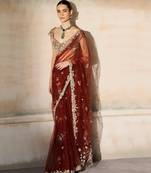 Rust Red Embroidered Tulle Saree With veil