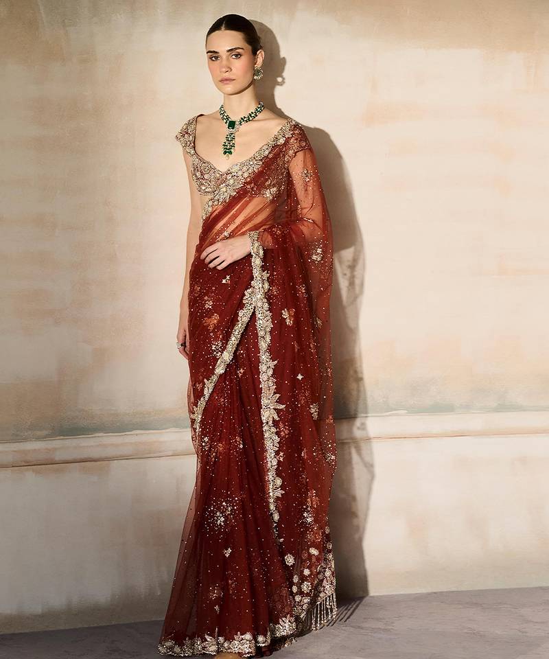 Rust Red Embroidered Tulle Saree With veil