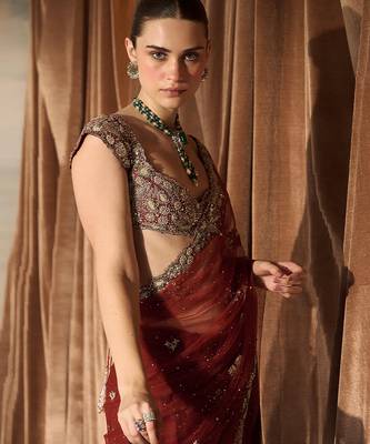 Rust Red Embroidered Tulle Saree With veil 2
