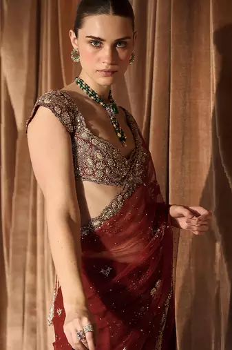 Rust Red Embroidered Tulle Saree With veil