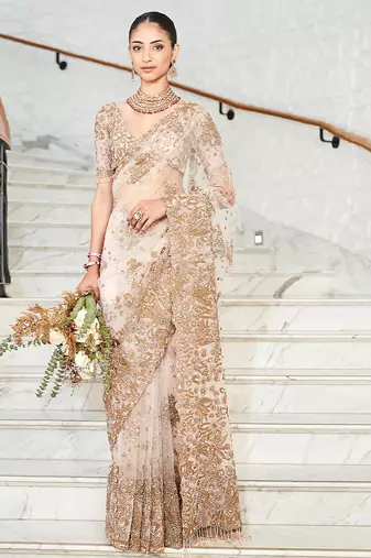 Ivory embroidered tulle saree with veil