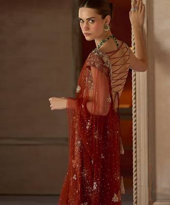 Rust Red Embroidered Tulle Saree With veil 3