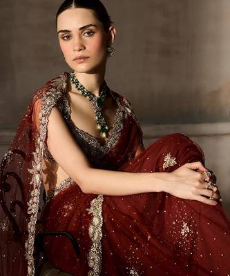 Rust Red Embroidered Tulle Saree With veil 4