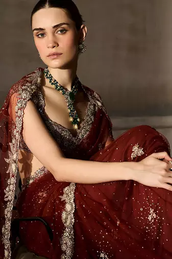 Rust Red Embroidered Tulle Saree With veil