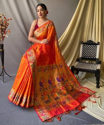 orange paithani saree with traditional woven zari border 2