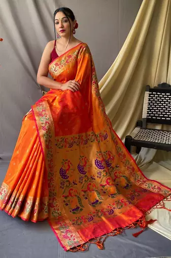 orange paithani saree with traditional woven zari border