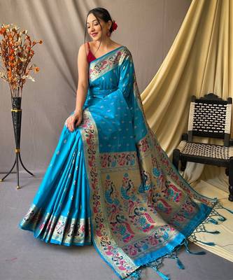 sky blue paithani saree with peacock zari pallu 2