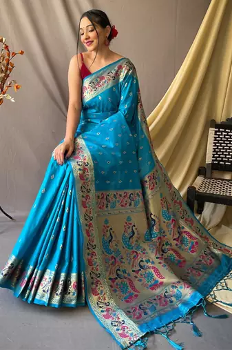 sky blue paithani saree with peacock zari pallu