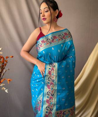 sky blue paithani saree with peacock zari pallu 3