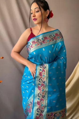 sky blue paithani saree with peacock zari pallu