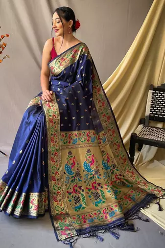 navy blue paithani saree with peacock zari pallu